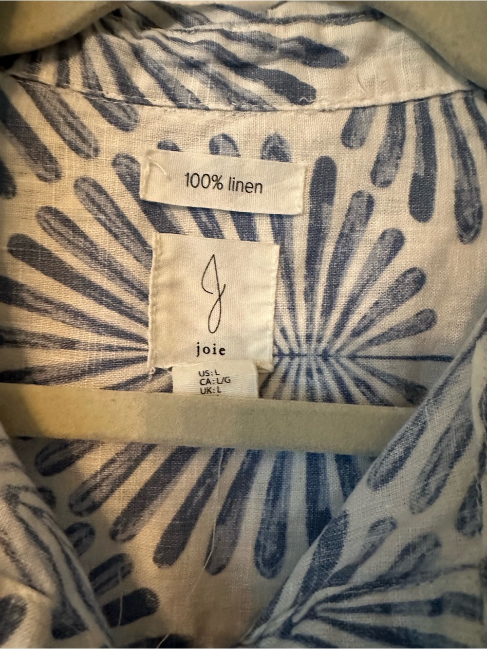 Linen blouse, blue and white print, Joie brand sz large - Picture 2 of 6